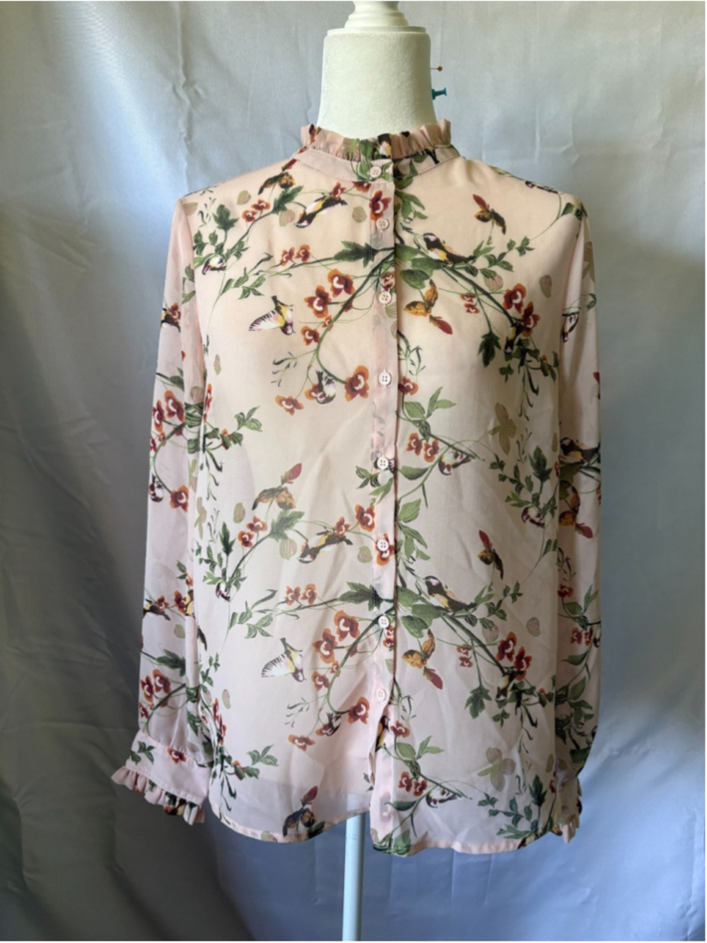 Forever 21 Sheer Floral Bird Print Blouse Mock Neck Ruffle Cuff Chiffon Top